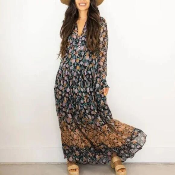 FREE PEOPLE See It Through Long Sleeve Maxi DRESS S M L Floral Black Combo NEW - Picture 2 of 14